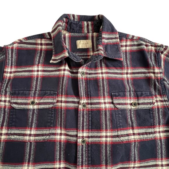 Jachs Flannel Button Up Shirt Size L Pockets Casual Heavy Plaid Blue Red Outdoor - Picture 3 of 11